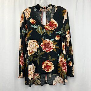 AUDREY 3+1 Womens Multicolor Floral Keyhole Neck Long Sleeve Tunic Blouse Sz S/M